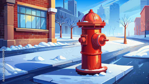 A bright red fire hydrant covered in fresh snow on a quiet urban sidewalk, with soft winter light and subtle snowfall creating a peaceful city winter atmosphere