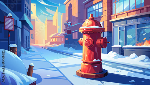 A bright red fire hydrant covered in fresh snow on a quiet urban sidewalk, with soft winter light and subtle snowfall creating a peaceful city winter atmosphere