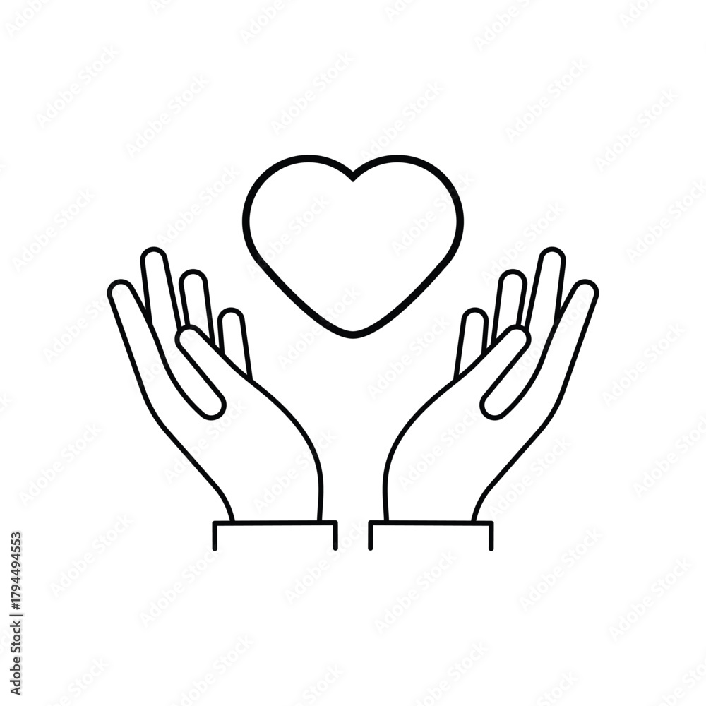 Obraz premium Black isolated outline icon of heart in hands on white background. Line icon of heart and hands. Symbol of care, love, charity.
