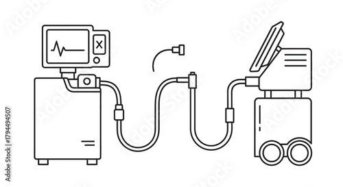 Medical Ventilator and Patient Monitor System Line Art Icon. Respiratory Support Equipment with Vital Signs Display, Connected by Tubing. Healthcare Technology Illustration.