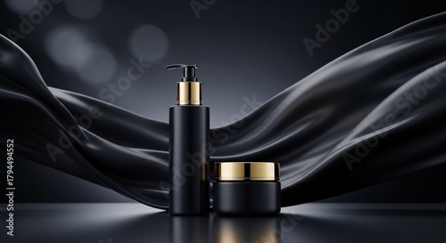 Elegant black skincare products with gold accents and flowing fabric