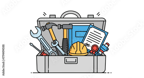 Professional Toolbox with Essential Tools, Hard Hat, and Certificate. Line Art Illustration for Construction, Repair, Engineering, and Skill Concept.