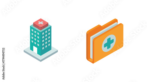 Isometric hospital building with a red cross and an orange folder with a blue cross on a white background vector, illustration, artwork