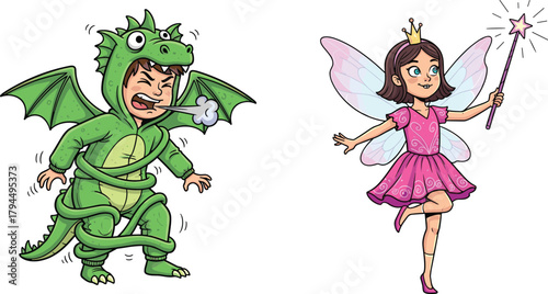 Children dressed in magical dragon and fairy costumes, expressing fantasy play, creativity, imagination, emotional reactions, and fun role-playing activities for kids