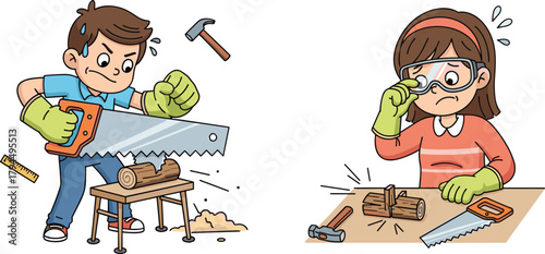 Children practicing woodworking skills with saws, hammers, goggles and gloves, learning safe carpentry techniques through hands-on creative building and construction activities