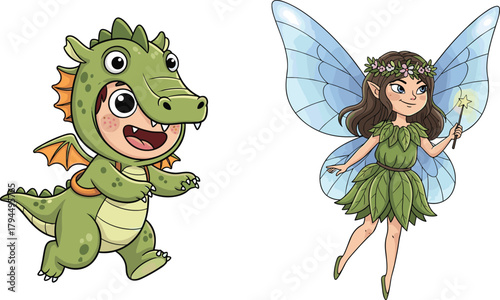 Cute children dressed as a playful dragon and a magical forest fairy, showcasing fantasy costumes, imaginative play, creativity, whimsy, and magical character adventures