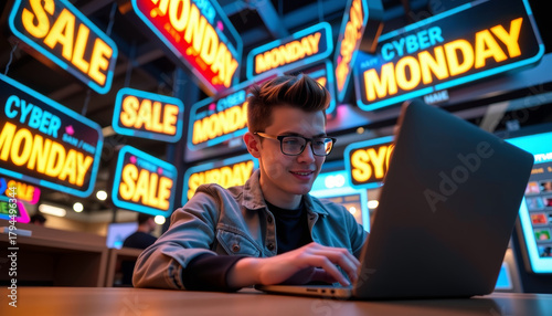 Cyber monday online shopping experience urban store lifestyle photo vibrant environment eye-level shot