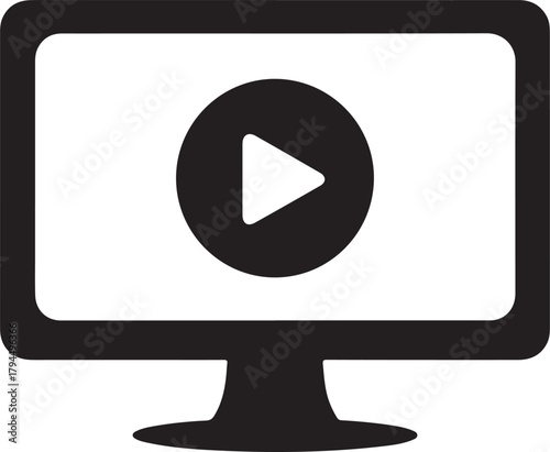 Computer monitor vector icon displaying a play button symbol for video content streaming and online media