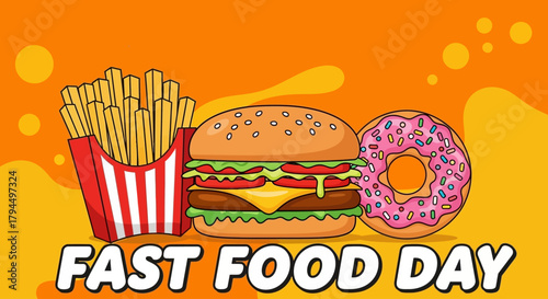 Colorful Fast Food Day Illustration Burger Fries and Donut on Orange Background