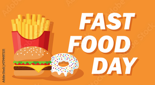 Celebrate National Fast Food Day Burger Fries and Doughnut Vector Graphic