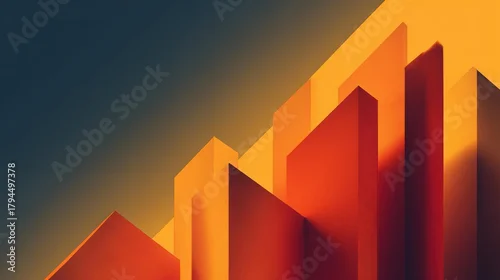 Obraz Abstract orange geometric prisms rise in a gradient navy to amber sky, a bold 3D render of modern architectural shapes in motion