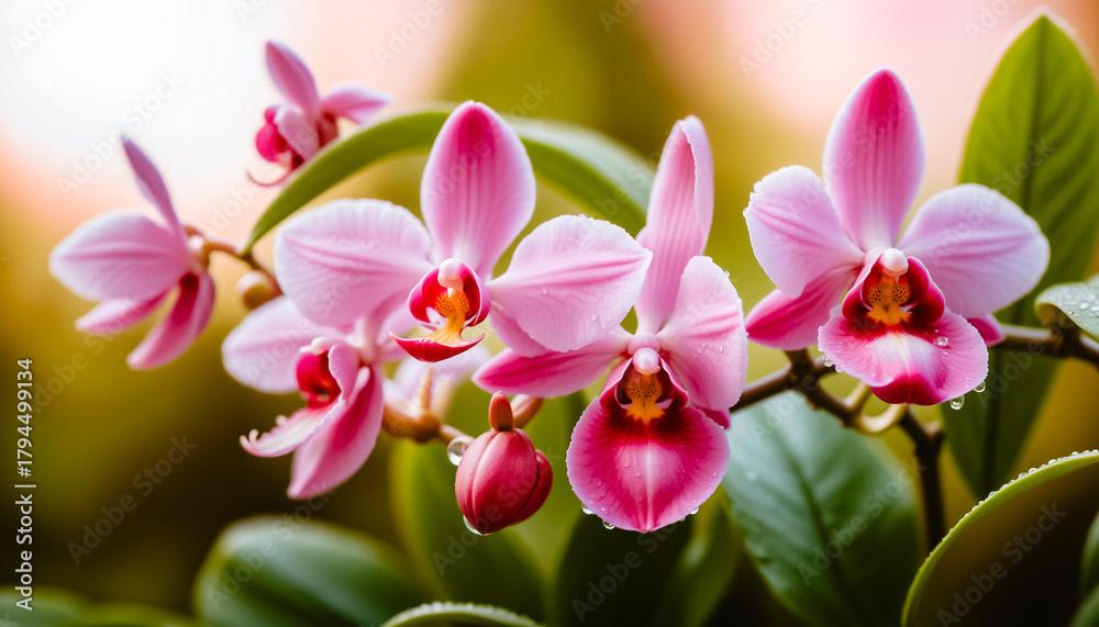 Obraz premium Vibrant pink orchid flowers glisten with dew under warm natural light. Macro shot highlights glossy petals, lush green leaves, and dreamlike bokeh. Botanical elegance in full bloom.