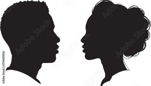 Silhouettes of a man and woman facing each other in profile, black and white