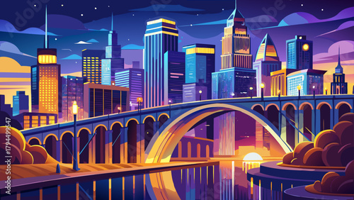 Very beautiful night view of the Stone Arch Bridge and downtown Minneapolis, Minnesota, featuring illuminated arches, glowing city lights, and shimmering reflections on the river, showcasing the city’