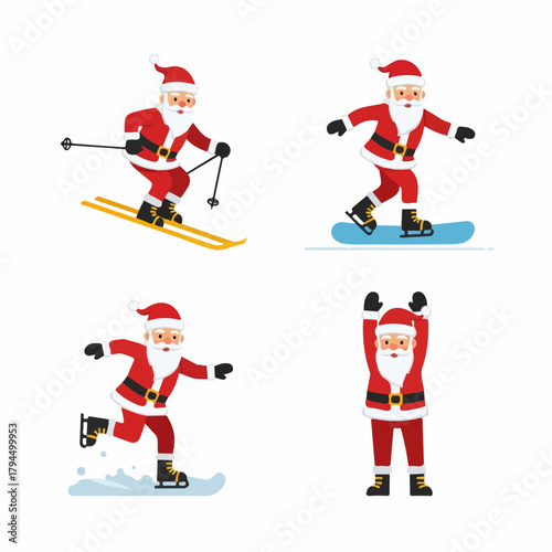 Set of Four Cartoon Santa Claus Characters Engaging in Winter Sports and Exercise on Transparent Background.
