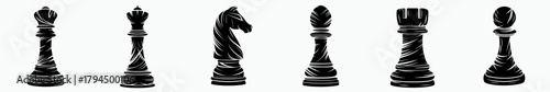 Set of black chess pieces including king, queen, knight, bishop, rook, and pawn