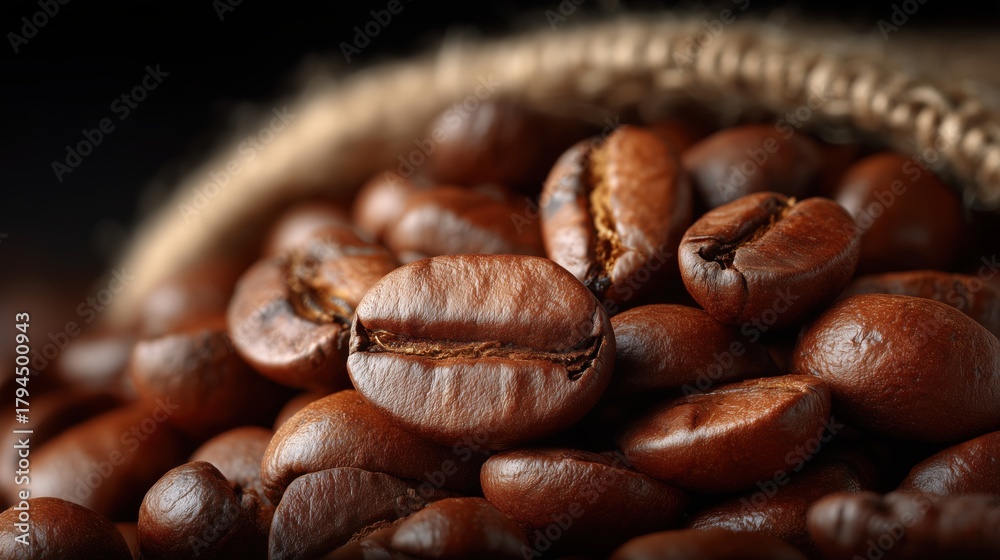 Naklejka premium Freshly Roasted Coffee Beans Poured from a Burlap Sack on a Dark Background