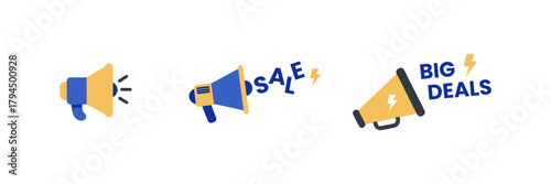 Flat Design Megaphone Annoucement and Discount Promotion Icon Set Illustration