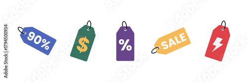 Simple Flat Design Price Discount Offer Colorful Tag Icon Set