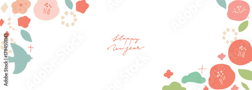 お正月素材。年賀状用の椿と桜のかわいいフレーム。和風花柄素材。
New Year's material. A cute frame of camellia and cherry blossoms for New Year's cards. Japanese-style floral material.