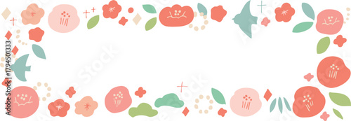 お正月素材。年賀状用の椿と桜のかわいいフレーム。和風花柄素材。
New Year's material. A cute frame of camellia and cherry blossoms for New Year's cards. Japanese-style floral material.