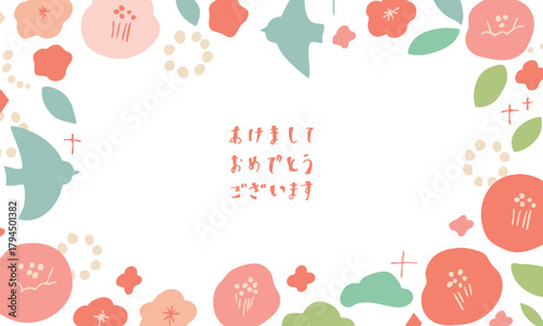 お正月素材。年賀状用の椿と桜のかわいいフレーム。和風花柄素材。
New Year's material. A cute frame of camellia and cherry blossoms for New Year's cards. Japanese-style floral material.