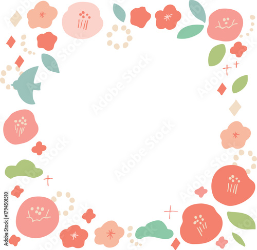 お正月素材。年賀状用の椿と桜のかわいいフレーム。和風花柄素材。
New Year's material. A cute frame of camellia and cherry blossoms for New Year's cards. Japanese-style floral material.