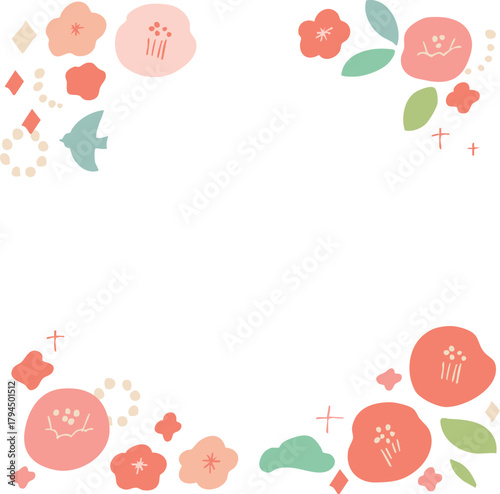 お正月素材。年賀状用の椿と桜のかわいいフレーム。和風花柄素材。
New Year's material. A cute frame of camellia and cherry blossoms for New Year's cards. Japanese-style floral material.