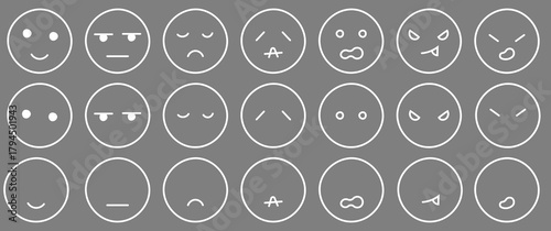 手書きの喜怒哀楽いろんな感情アイコン　白線　笑顔・じと目・寂しい・ショック・驚き・びっくり・怒るなど