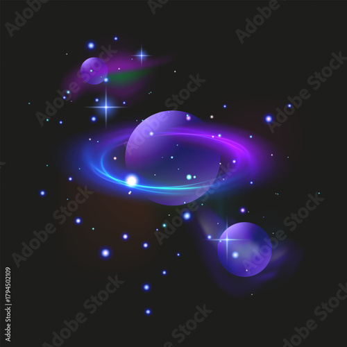 Glowing Purple Planet with Rings in Cosmic Space Neon planet with glowing rings