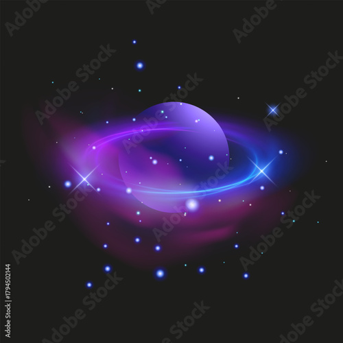 Glowing Purple Planet with Rings in Cosmic Space Neon planet with glowing rings