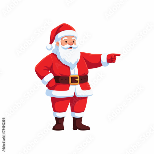 Jolly Santa Claus Character in Red Suit Pointing Right, Transparent Background
