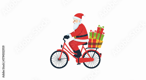 Santa Claus Riding a Red Bicycle with Christmas Presents, Isolated on a Transparent Background