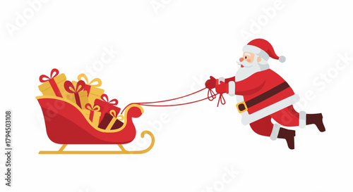 Festive cartoon Santa Claus pulling a gift-filled red sleigh, Christmas illustration on transparent background.