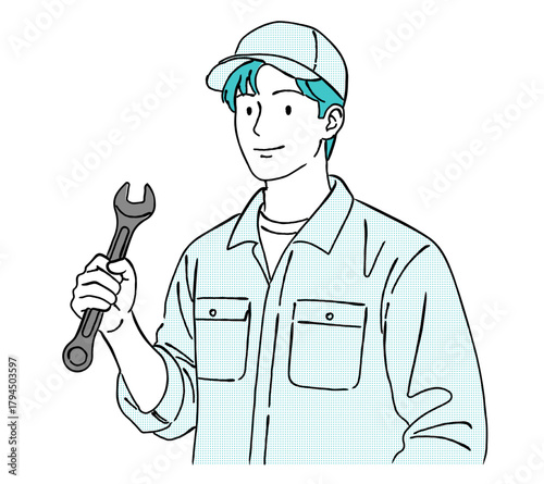 スパナを持つ作業服の男性,整備士,技術者,修理,工具,シンプル,ベクター