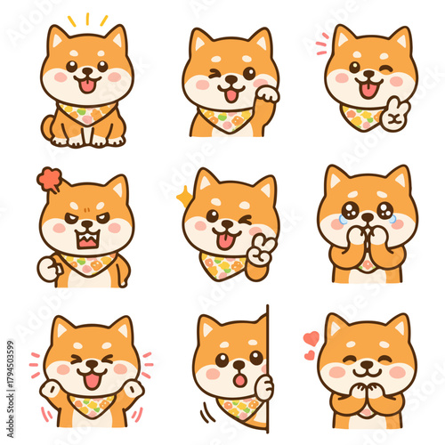 A set of cute anime dogs illustrations doing different activities with different expressions.Stickers or badges. Shiba Inu