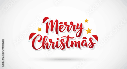 Festive Merry Christmas Calligraphy with Santa Hats and Golden Stars, Transparent Background