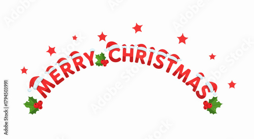 Festive 'Merry Christmas' text in an arch shape, adorned with Santa hats, holly, and stars, on a transparent background.