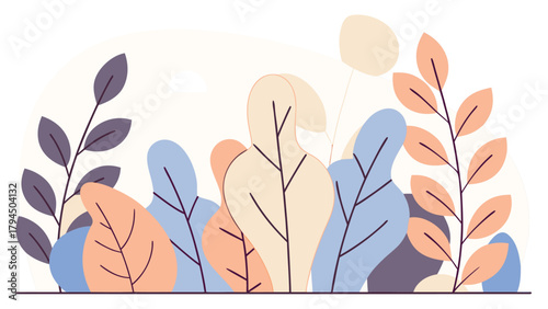 Modern vector illustration of stylized foliage in soft pastel colors organic design