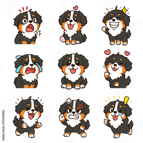 A set of cute anime dogs illustrations doing different activities with different expressions.Stickers or badges. Bernese Mountain Dog