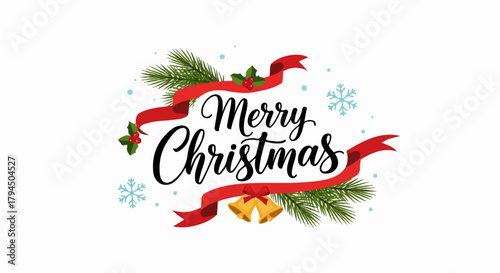 Festive "Merry Christmas" Calligraphy with Holiday Decor, Transparent Background.