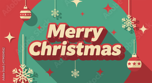Retro Merry Christmas Greeting Illustration with Ornaments, Snowflakes, and Stars on Red and Teal Background