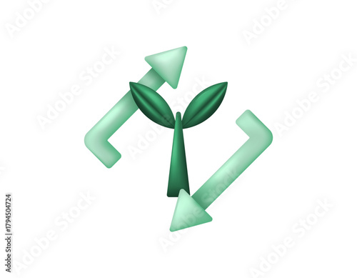 replanting concept. preservation, tree planting, reforestation. caring for nature. recycling. illustration of plant symbols and rotation or looping symbols. 3D style design. white background