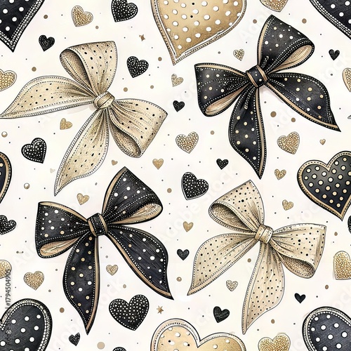 Black and golden bows with small heart dots seamless pattern illustration, Luxury, Stylish, Glitter Gold Bow Background, Trendy, gift wrapping, festive decorations, invitations, posters, Christmas,