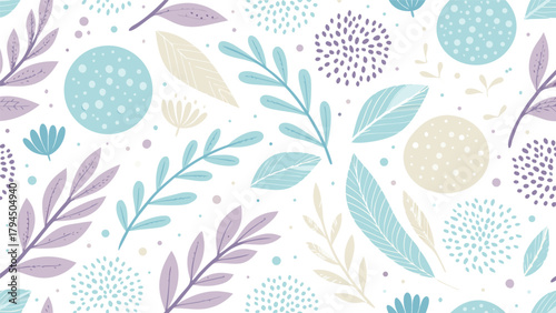 Soft Pastel Botanical Seamless Pattern with Leaves Berries and Abstract Shapes