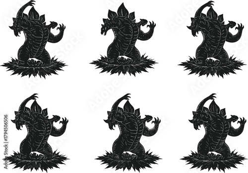 Mythical double headed dragon silhouette, fantasy creature with wings, claws, tail, standing on grass, flat vector