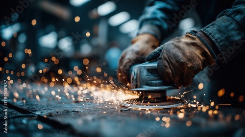 Sparks Fly from Tool in Hands of Worker in Manufacturing Workshop with Warm Ambient Lighting