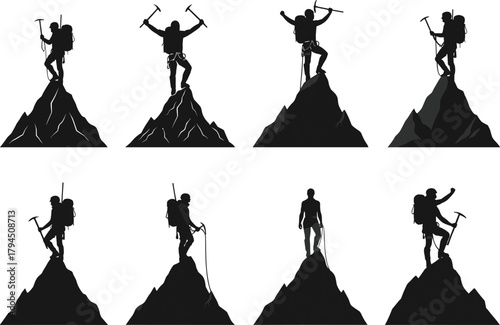Mountain climbers on peaks with gear, ropes, ice axes, adventure, exploration, achievement flat vector illustration