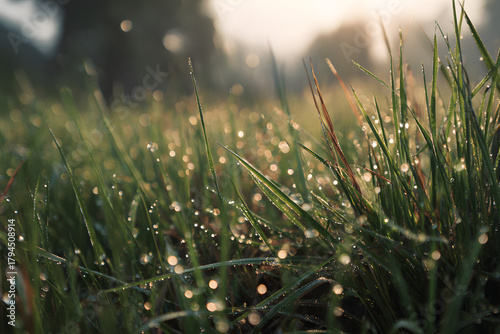 dewy meadow at dawn with sparkling grass and early light haze creating a crisp fresh spring morning atmosphere