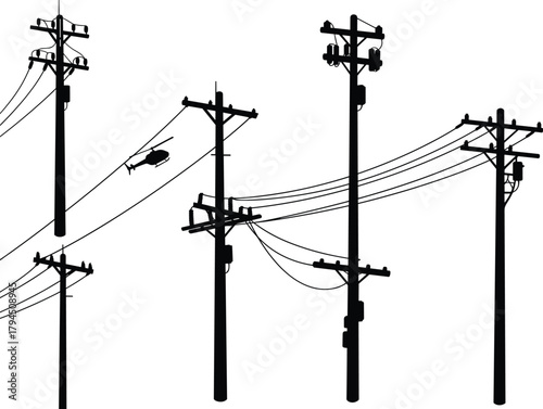 Flat vector illustration of utility poles with transformers, insulators, power lines, urban electrical infrastructure silhouette set